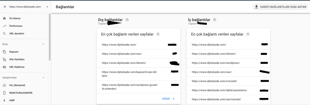 Google Search Console bağlantılar paneli