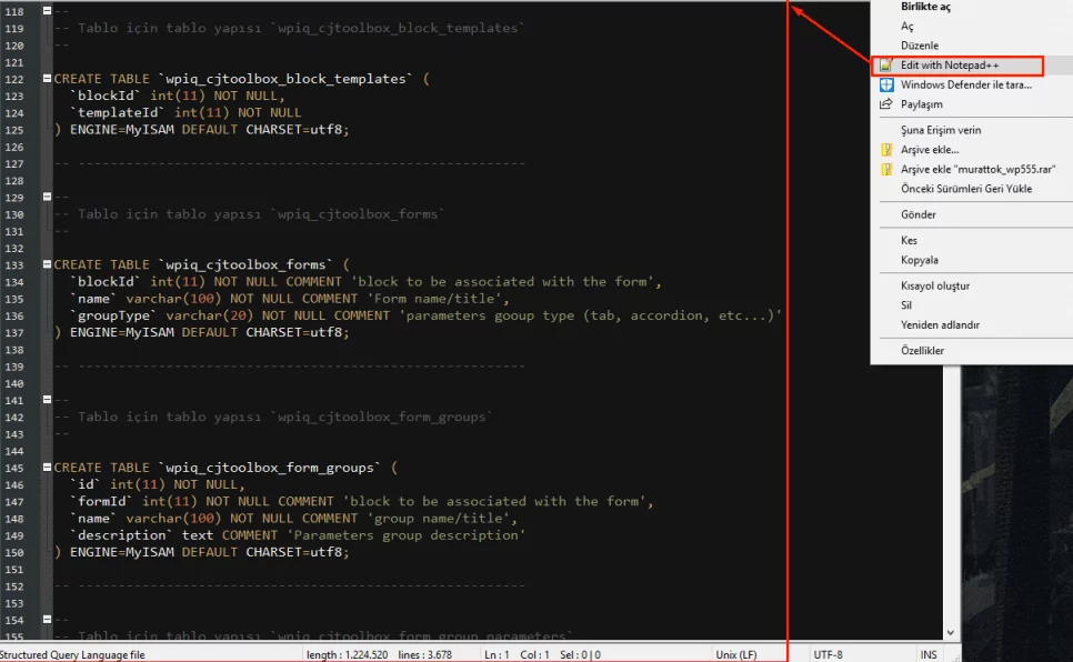 notepad ++ veritabanı değiştirme