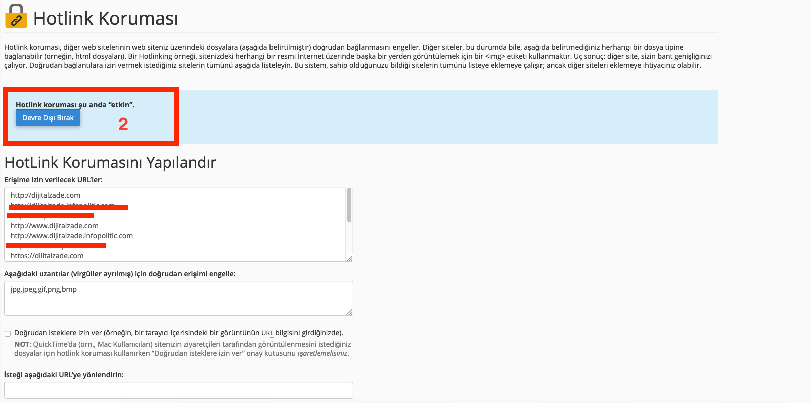 cPanel'de hotlink etkinleştirme
