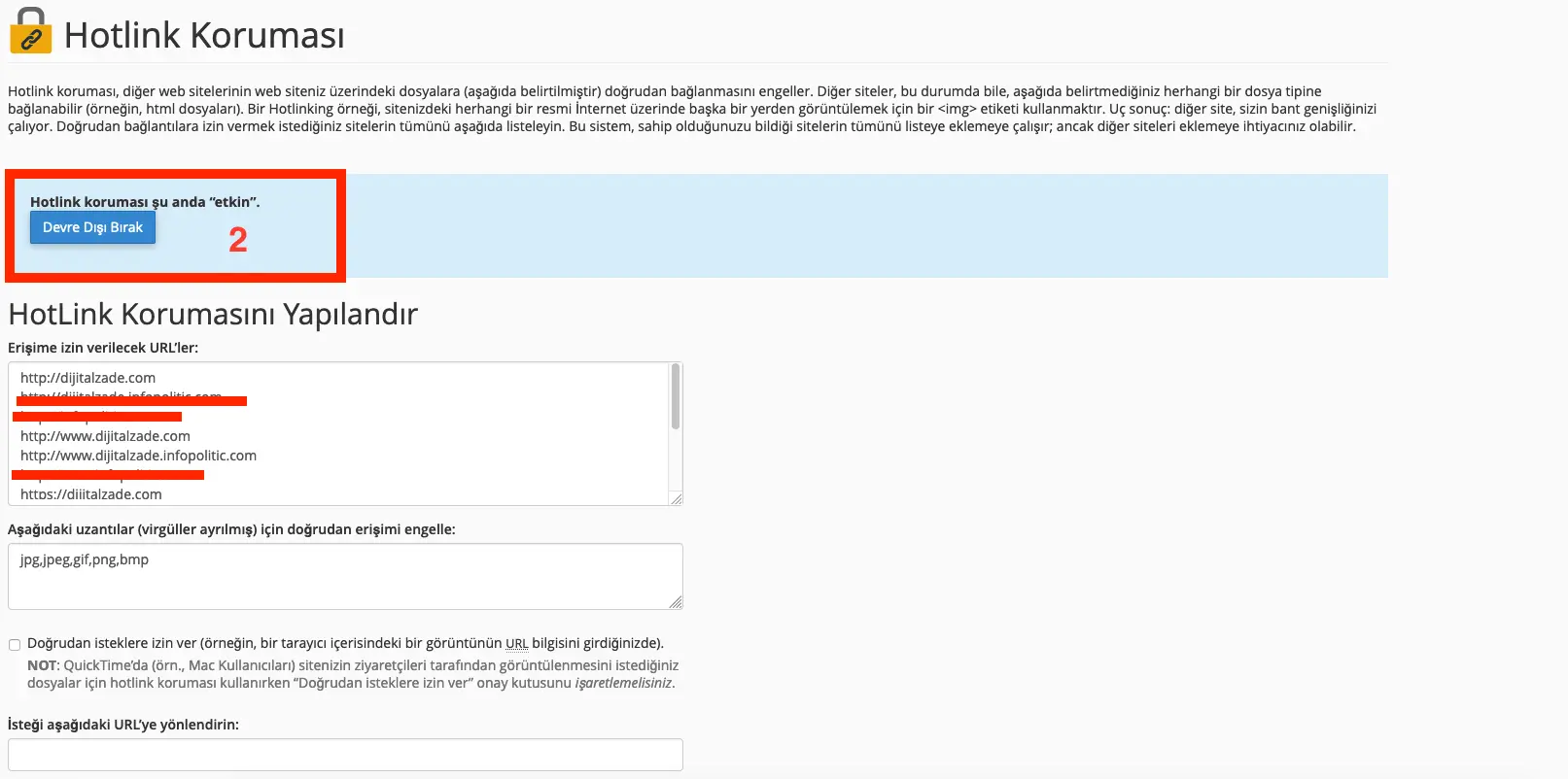 cPanel'de hotlink etkinleştirme