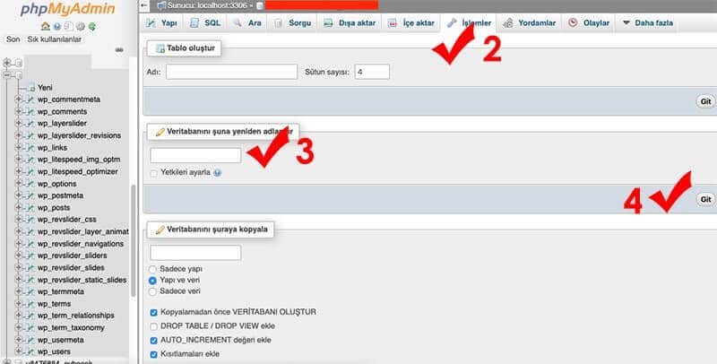 Veritabanı isim değiştirme phpmyadmin adım adım işlemler