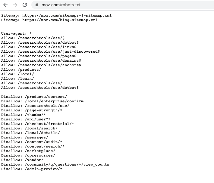 Moz robots.txt örneği