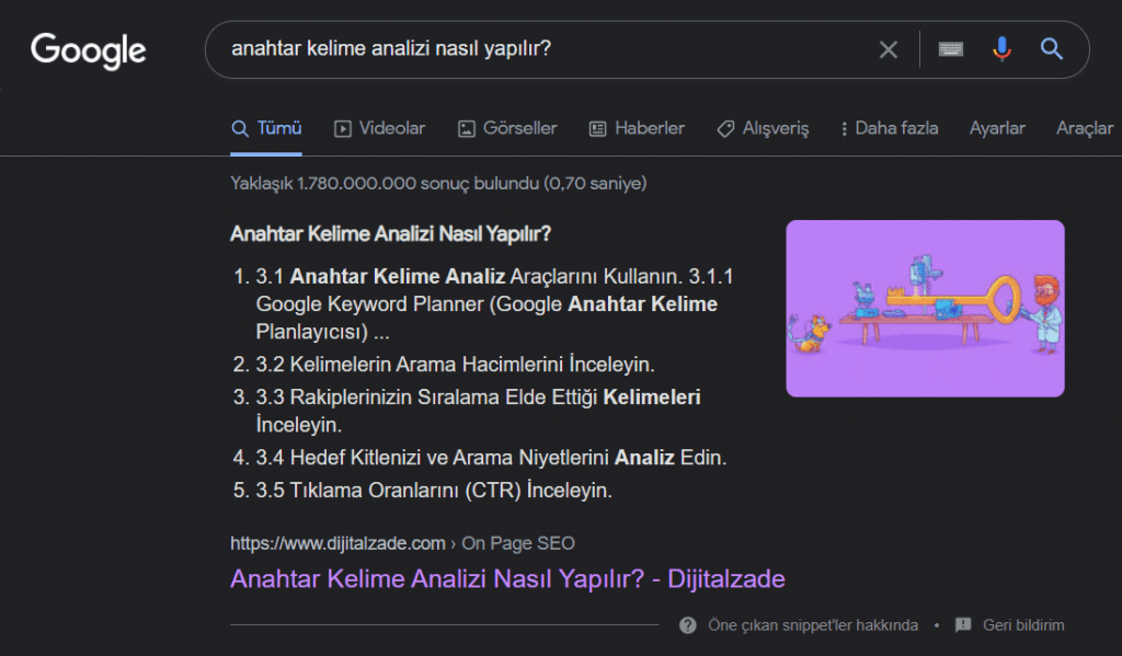 Anahtar kelime analizi nasıl yapılır sorgusu öne çıkarılmış snippet