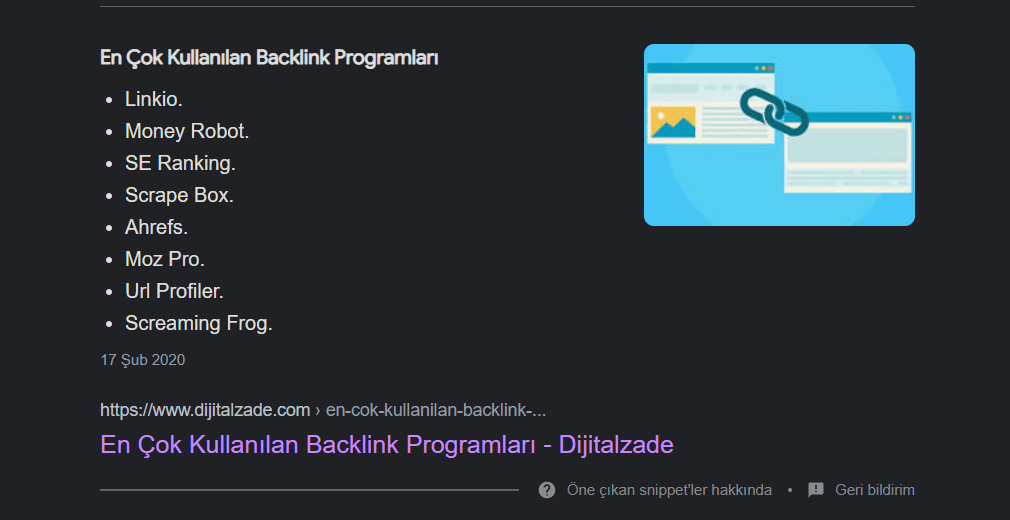 Backlink programları sorgusu featured snippet örneği