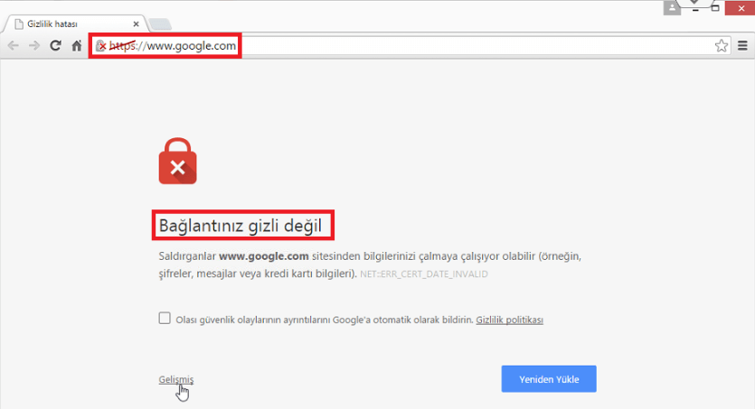 bağlantınız güvenli değil hatası görseli