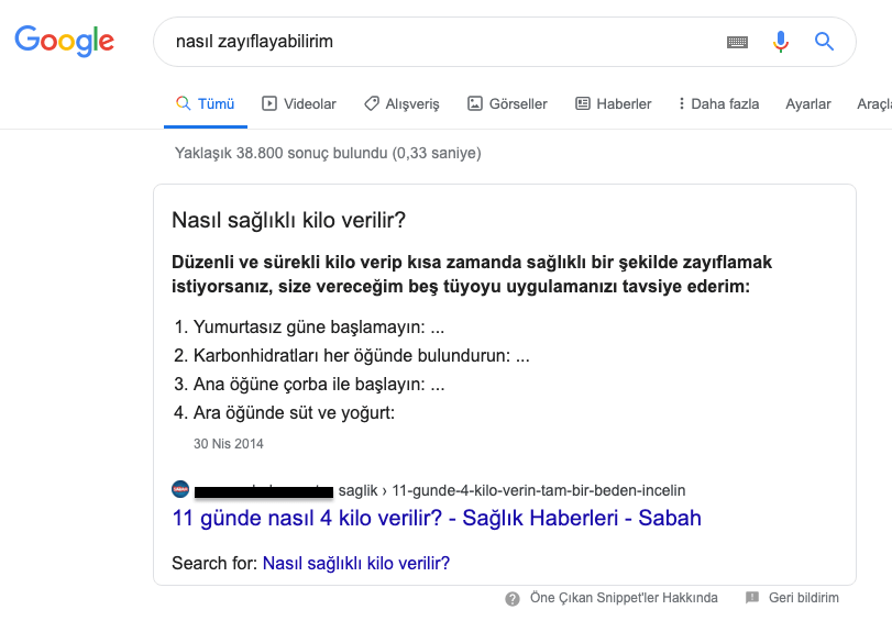 öne çıkarılmış snippet (Featured Snippet) örneği, Google dan bir ekran görüntüsü