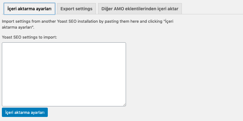 Yoast SEO içeri al, dışarı aktar bölümü