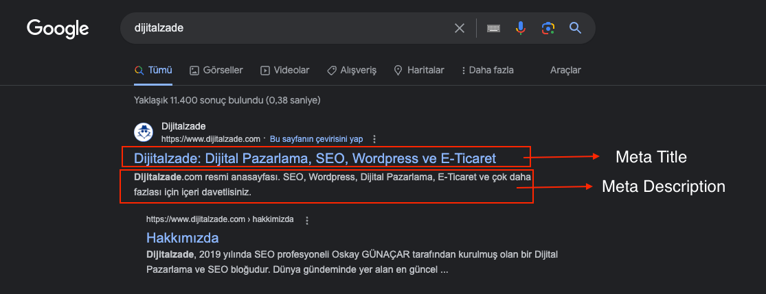 Meta title ve description Google'da nasıl görülür örnek ekran görüntüsü