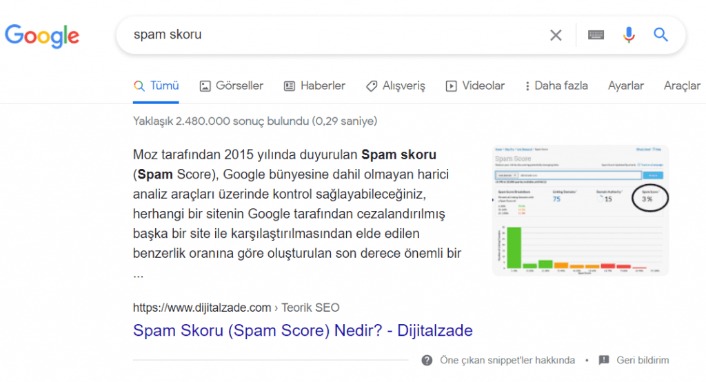 Google spam skoru sorgusu featured snippet