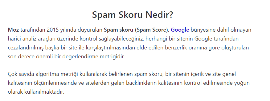 spam skoru nedir? featured snippet örneği