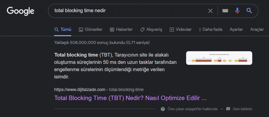 featured snippet örneği Google total blocking time nedir sorgusu