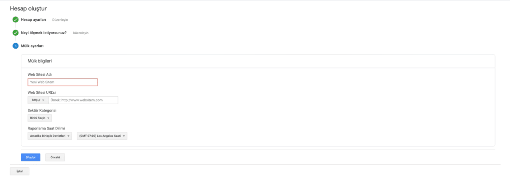 Google analytics hesap oluşturma ayarları