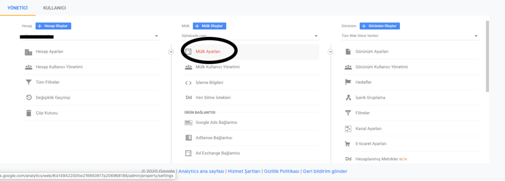 Google analytics mülk ayarları