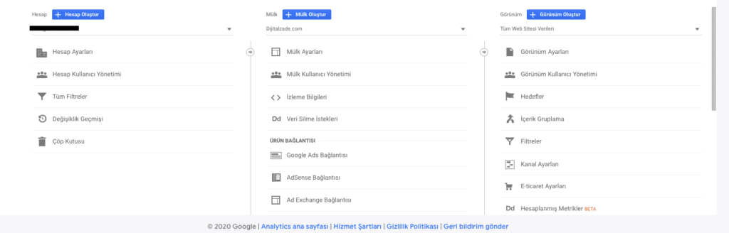 Search console bağlama, mülk ayarları bölümü