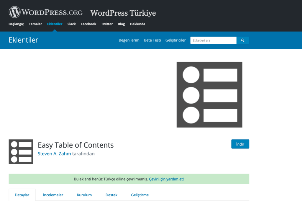 Easy table of contents - en iyi wordpress eklentileri