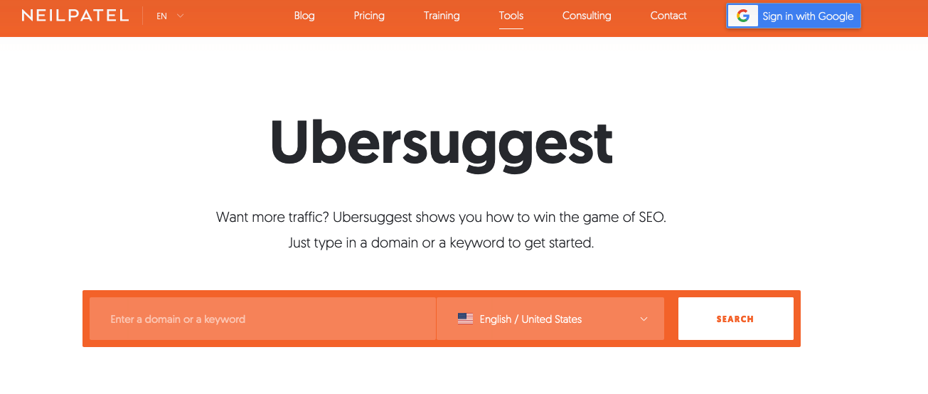 Ubersuggest anahtar kelime analiz aracı ana ekranı
