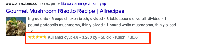 Recipe structured data (schema markup) örneği