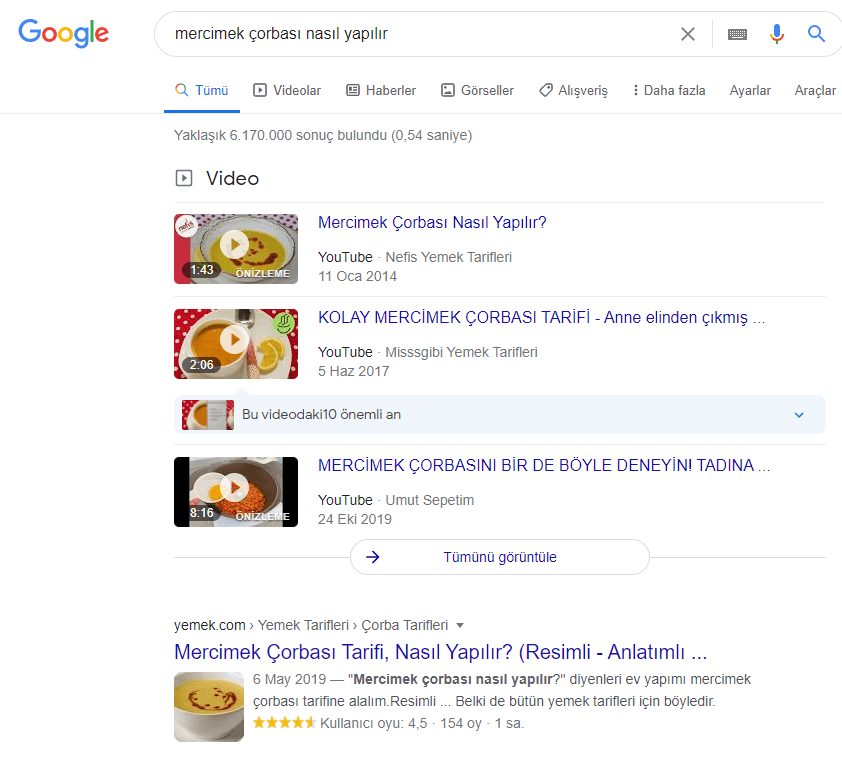 Google'da mercimek çorbası nasıl yapılır yazınca çıkan arama sonuçları görseli