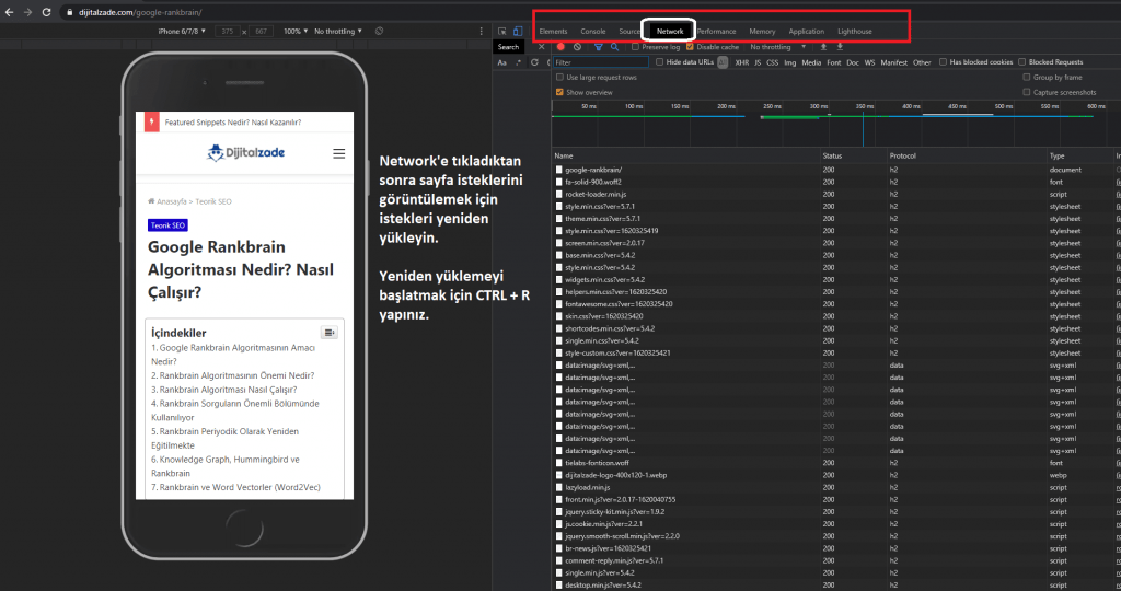 Chrome devtools network isteklerini görüntüleme