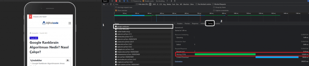 Chrome devtools network üzerinden TTFB metriğini görüntüleme