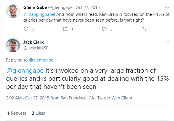 Twitter'da Gleen Gabe ve Jack Clark arasında gerçekleşen Rankbrain konuşması