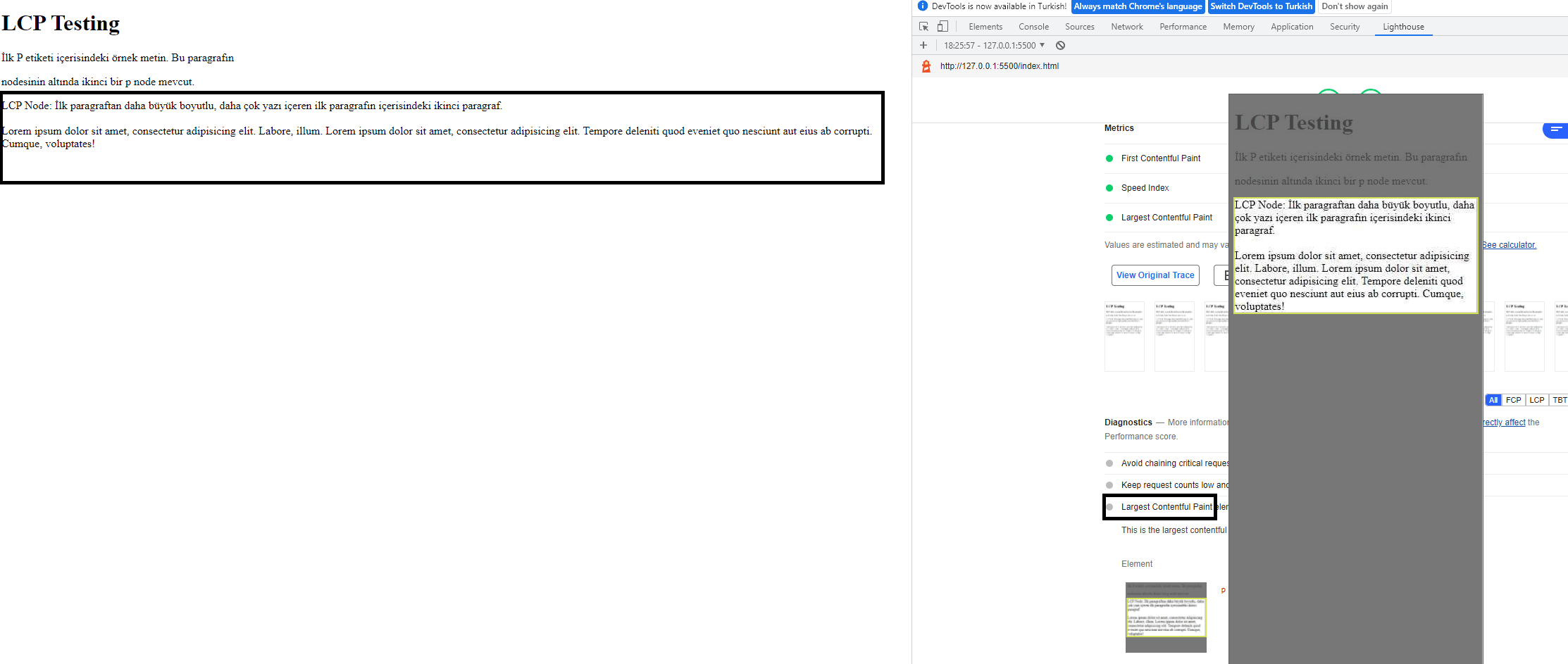 HTML node LCP testi