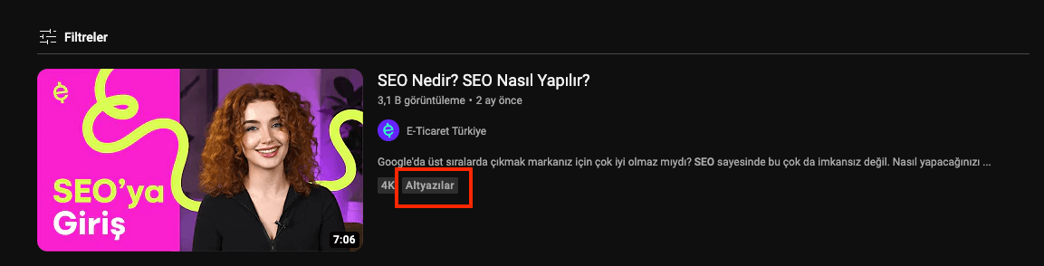 Youtube Alt Yazı İçeren Video Örneği