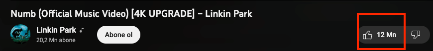Youtube Linkin Park Numb videosu beğenme sayısı