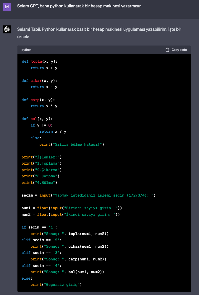Chat GPT Python ile hesap makinesi yapma örneği