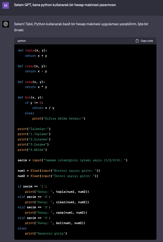 Chat GPT Python ile hesap makinesi yapma örneği