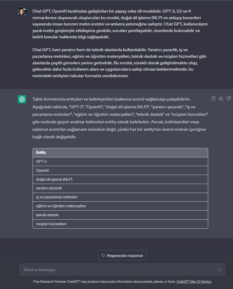 chat gpt entity ayiklama ornegi