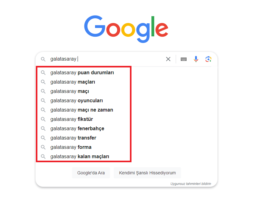 Google auto complete örneği