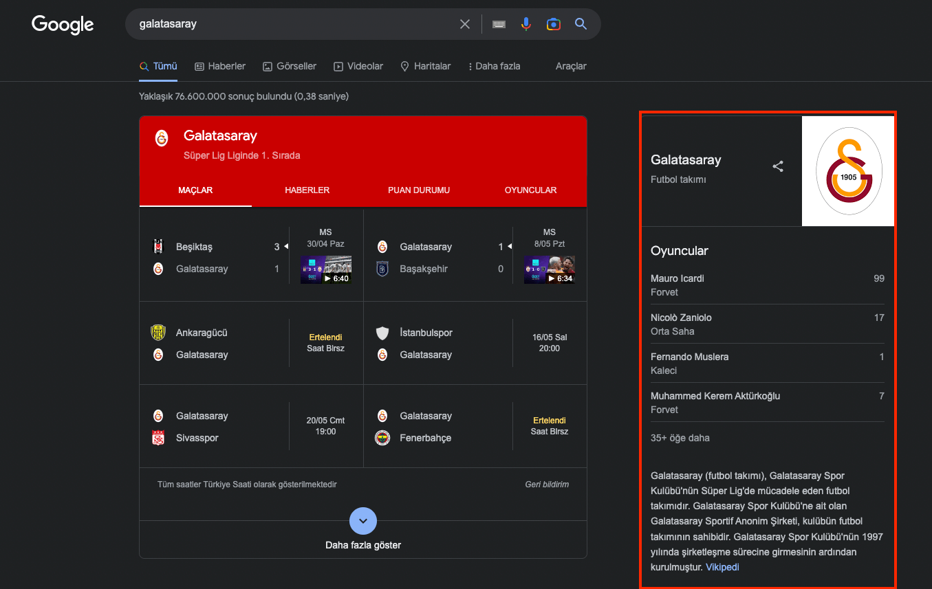 Google knowledge panel örneği