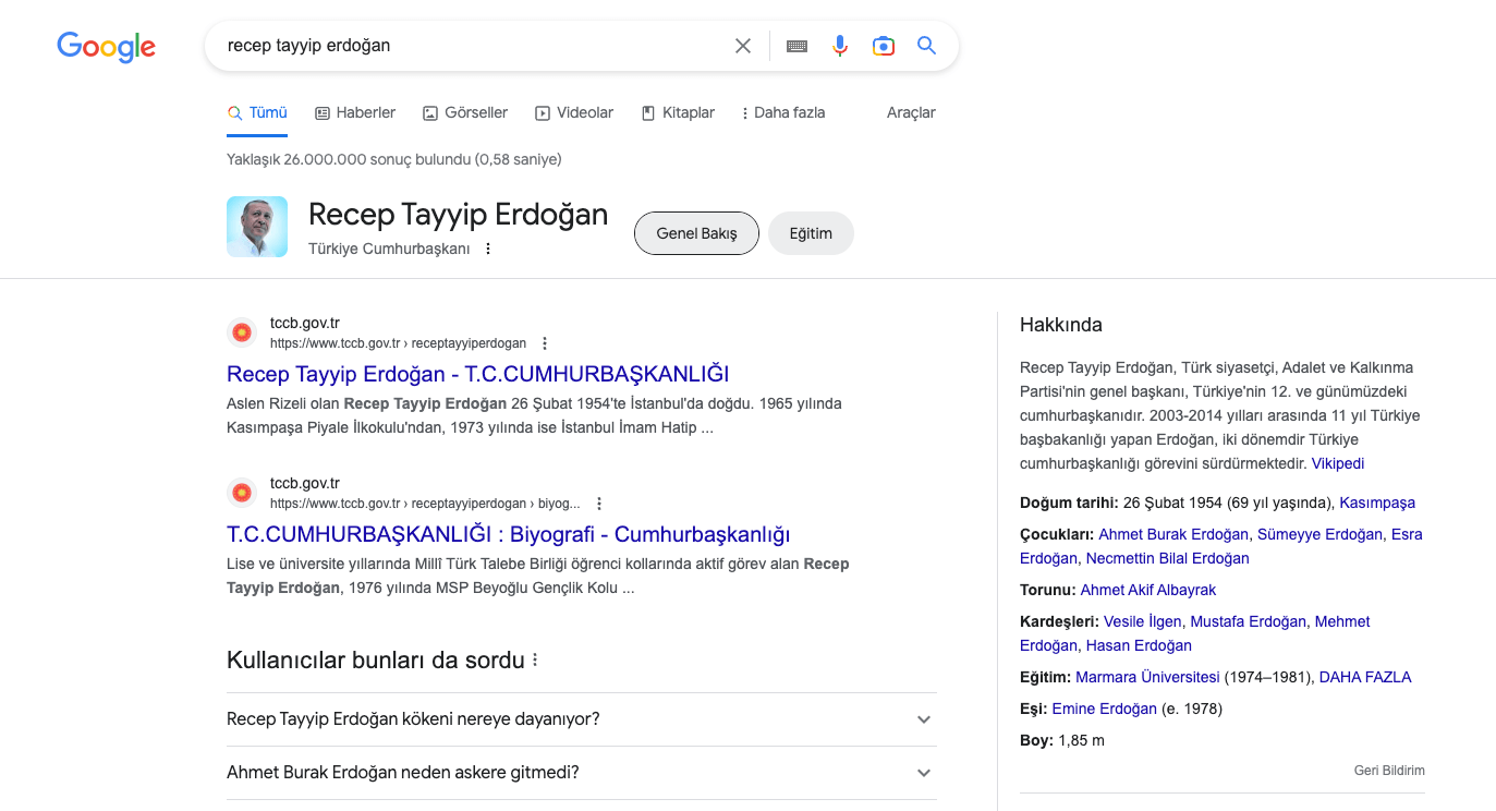 Entity örneği olarak Recep Tayyip Erdoğan sorgusu